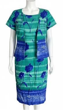 Vintage Miss Scarlett Midi Dress Size 12 Petite Blue Green Short Sleeve Retro